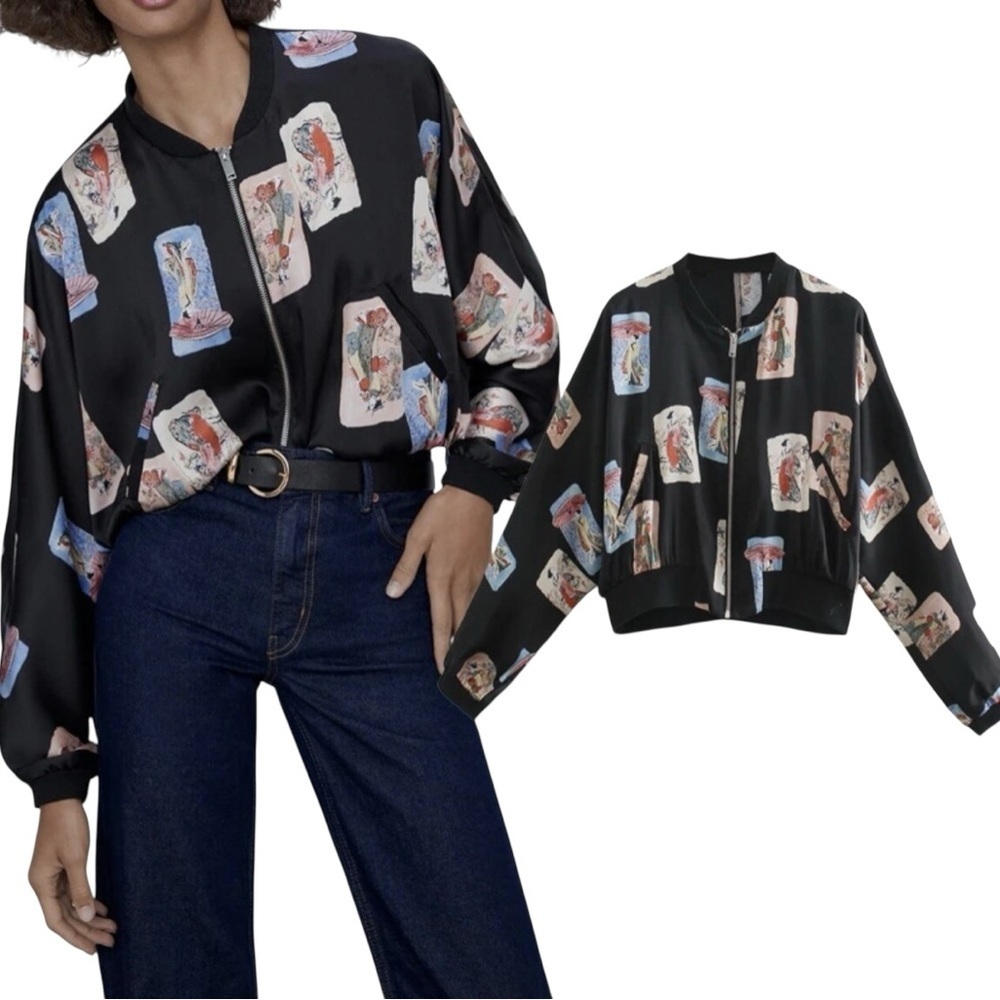 Zara|Women’s Bomber Jacket Black Satin Asian Patch Dolman Sleeve Full Zip Size S